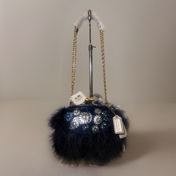 NWT RARE Coach Poppy Patent Floral Fur Bag 21324 BA/BL Navy Blue with Dust Bag - Picture 2 of 14